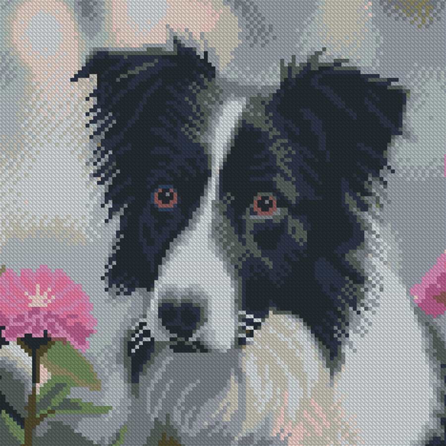 Алмазний живопис Strateg Пес і жоржини 30х30 (FZ3030-02)