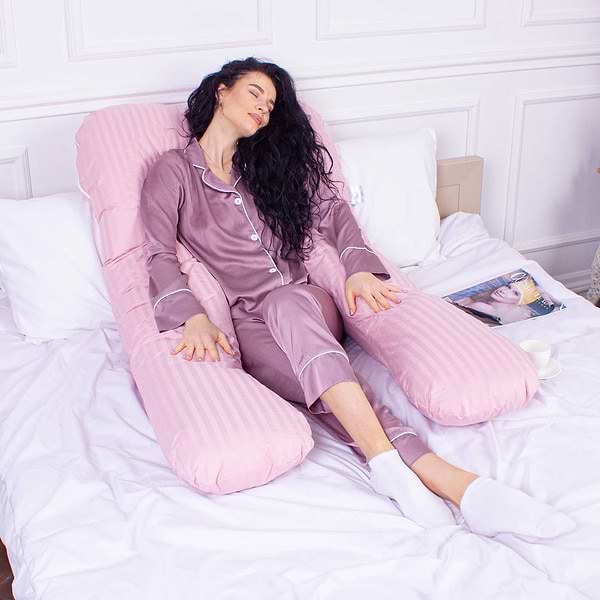 Фото - Подушка для майбутніх мам MirSon U-подібна № 8026 Satin Stripe Pink (2200006178644)