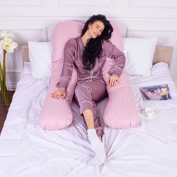 Фото - Подушка для майбутніх мам MirSon U-подібна № 8026 Satin Stripe Pink (2200006178644)
