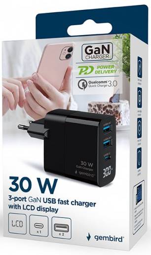 Фото - Мережевий зарядний пристрій Gembird 2хUSB-A (QC3.0 18W) + 1хType-C PD20W (TA-UC-PDQC30LCD-BK-02)
