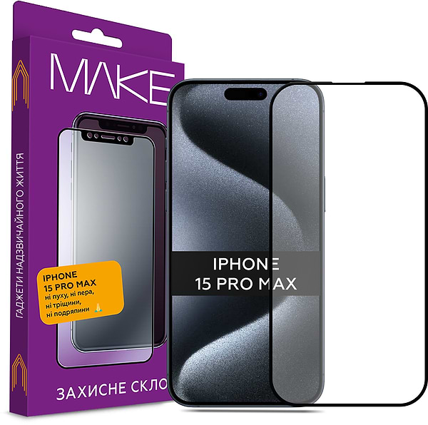 Фото - Захисне скло для смартфону MAKE Full Cover Full Glue Apple iPhone 15 Pro Max (MGF-AI15PM) Фото - Захисне скло для смартфону MAKE Full Cover Full Glue Apple iPhone 15 Pro Max (MGF-AI15PM)