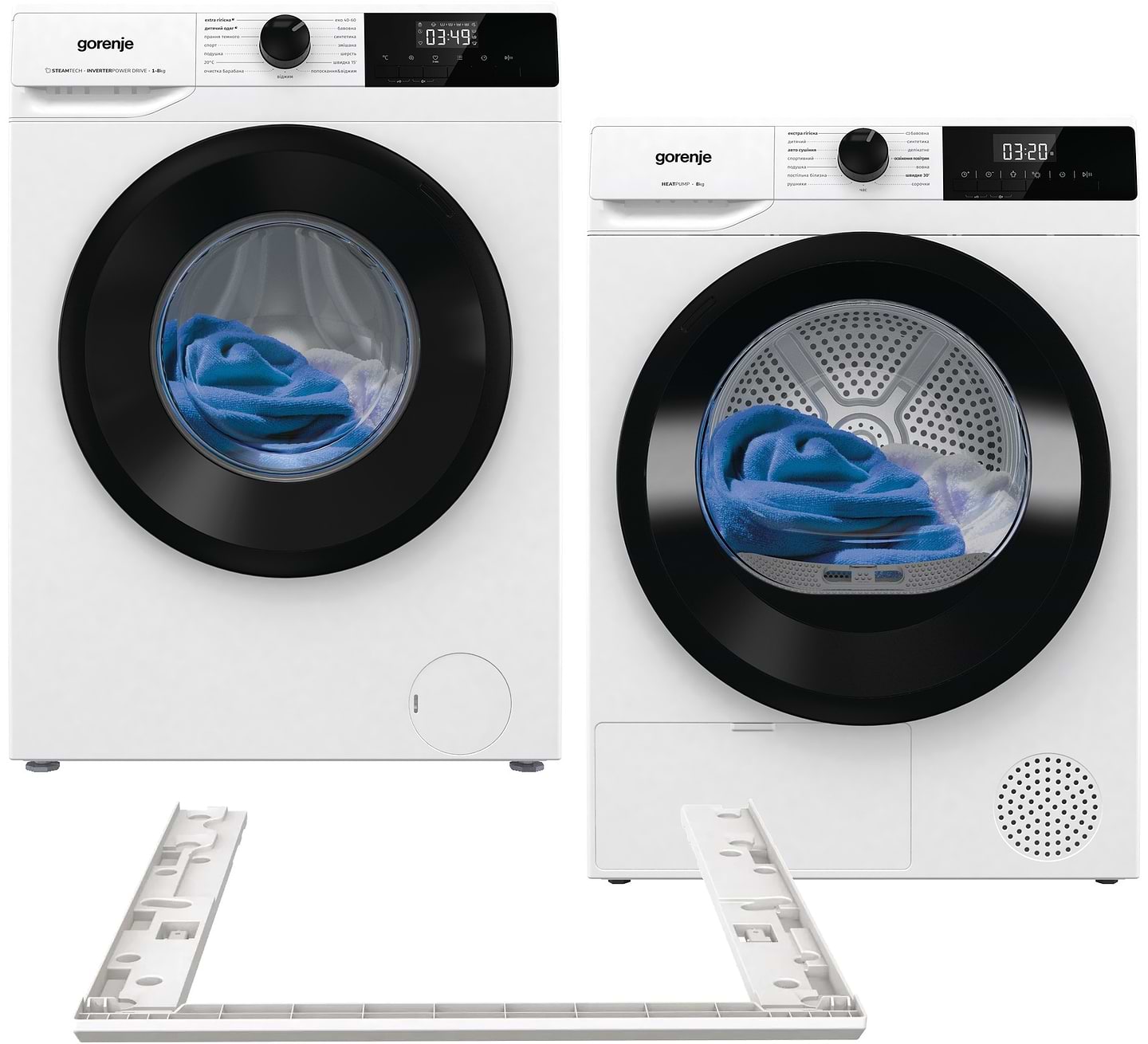 Комплект техніки Gorenje Пральна машина з фронтальним завантаженням + Сушильна машина + Комплект кріплень для встановлення в колону Gorenje W1NHPI84AS/UA + DHNE82/UA + SKHNE80W - Фото 1