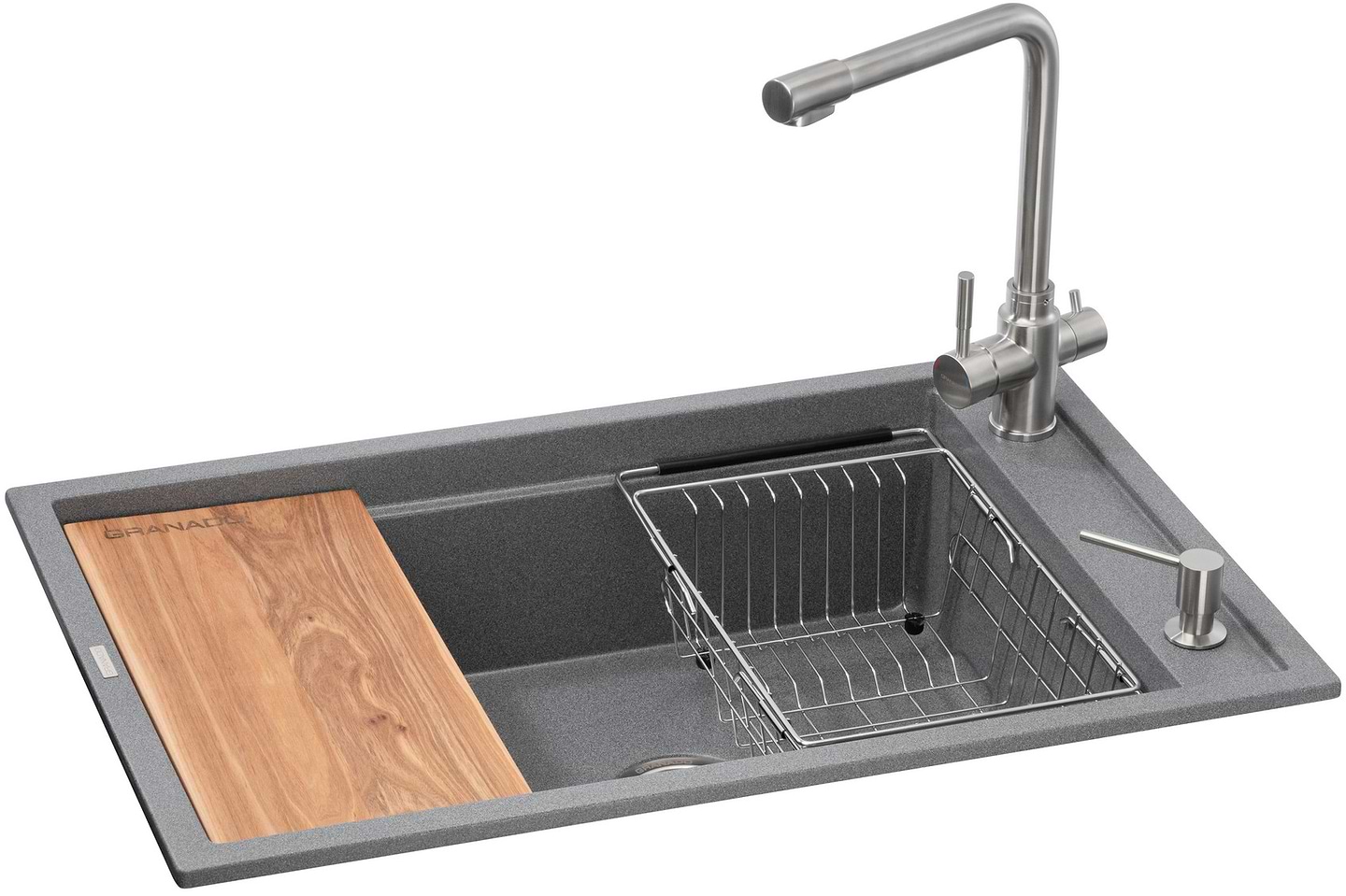 Мойка кухонная+смеситель+дозатор GRANADO Optimal Estella grafito (+Badalona LUX inox+Redondo inox+корзина+доска) - Фото 1