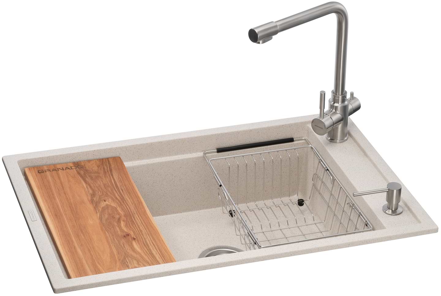 Мойка кухонная+смеситель+дозатор GRANADO Optimal Estella terra (+Badalona LUX inox+Redondo inox+корзина+доска) - Фото 1