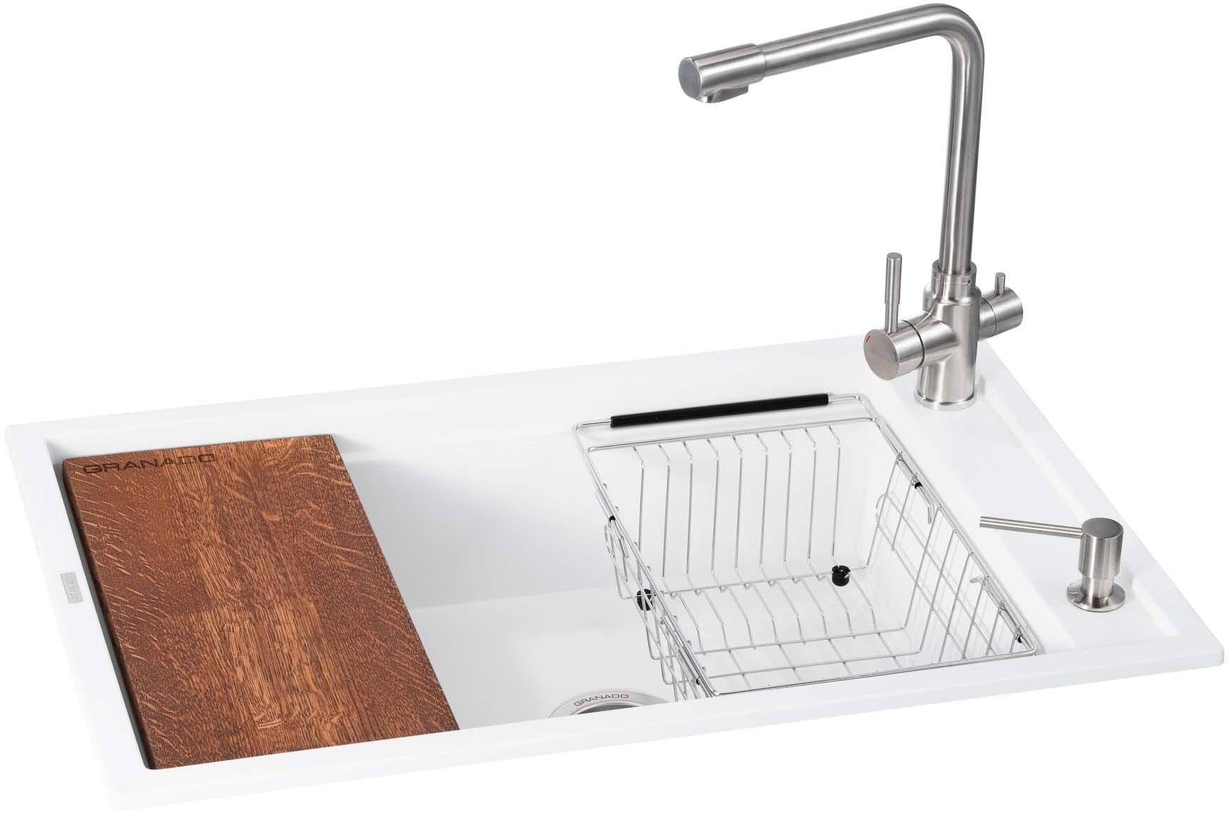 Мийка кухонна+змішувач GRANADO Optimal Estella white (+Badalona LUX inox + дозатор Redondo inox + кошик + дошка) - Фото 1