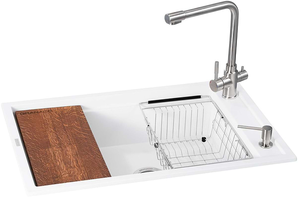 Фото - Мойка кухонная+смеситель GRANADO Optimal Estella white (+Badalona LUX inox + дозатор Redondo inox + корзина + доска)