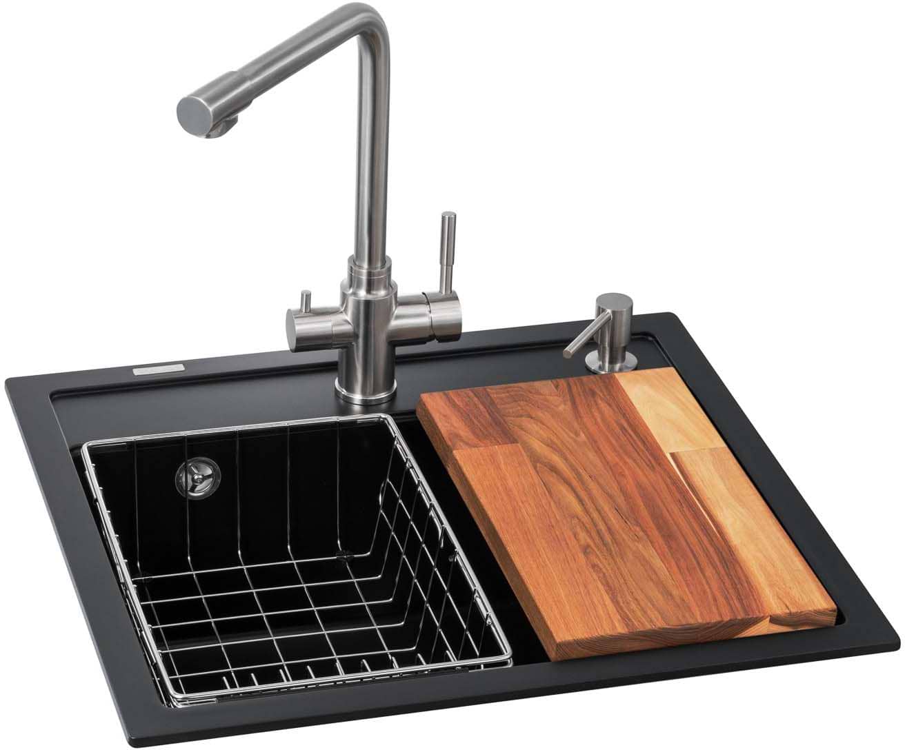 Мийка кухонна+змішувач GRANADO Optimal Lerida black shine (+ Badalona LUX inox + дозатор Redondo inox + кошик + дошка) - Фото 1