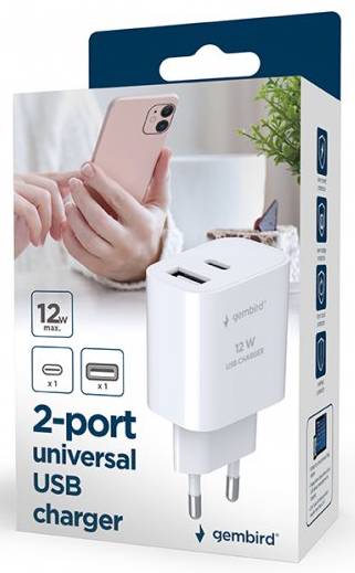 Фото - Сетевое зарядное устройство Gembird 1xUSB-A+1xUSB-C 5V/2.4A 12W (TA-UC-2AC12-01)