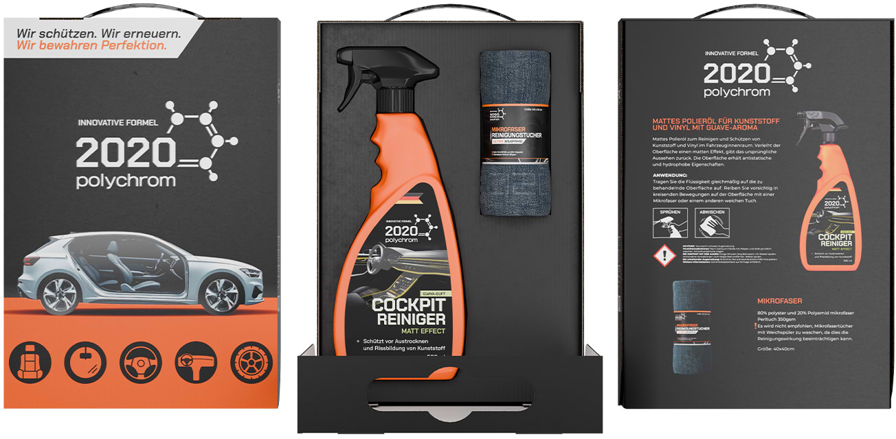 Купить Полироль для авто Polychrom 2020 Carton Box SET Matte Cockpit care с ароматом гуавы 500 мл (микрофибра) ''COCKPIT REINIGER'' (1585) - Фото 1 Полироль для авто Polychrom 2020 Carton Box SET Matte Cockpit care с ароматом гуавы 500 мл (микрофибра) ''COCKPIT REINIGER'' (1585) - Фото 1