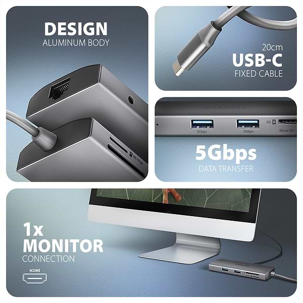 Фото - Хаб USB AXAGON USB-C 5Gbps 9in1 Grey (HMC-8HLSA)