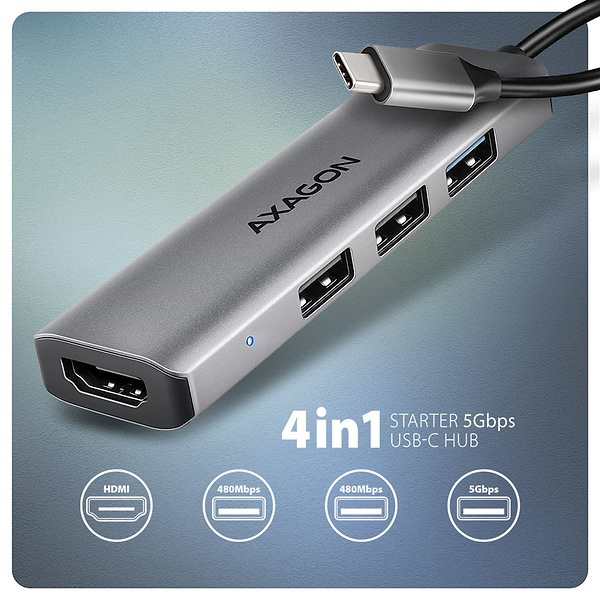Фото - Хаб USB AXAGON USB-C 5Gbps STARTER 4in1 Grey (HMC-H3A)
