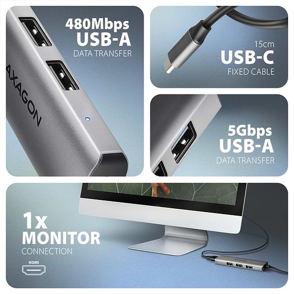 Фото - Хаб USB AXAGON USB-C 5Gbps STARTER 4in1 Grey (HMC-H3A)