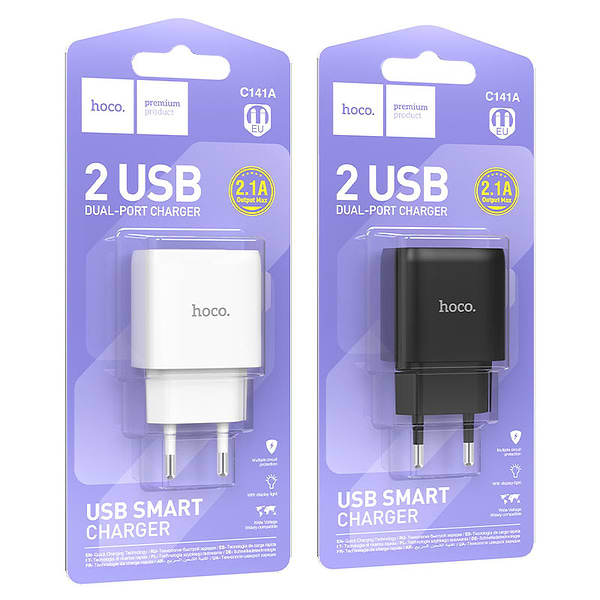 Фото - Мережевий зарядний пристрій HOCO C141A Smart dual-port charger Black (6942007627849)