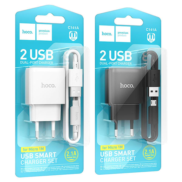 Фото - Мережевий зарядний пристрій HOCO C141A Smart dual-port charger set(Micro) White (6942007627894)