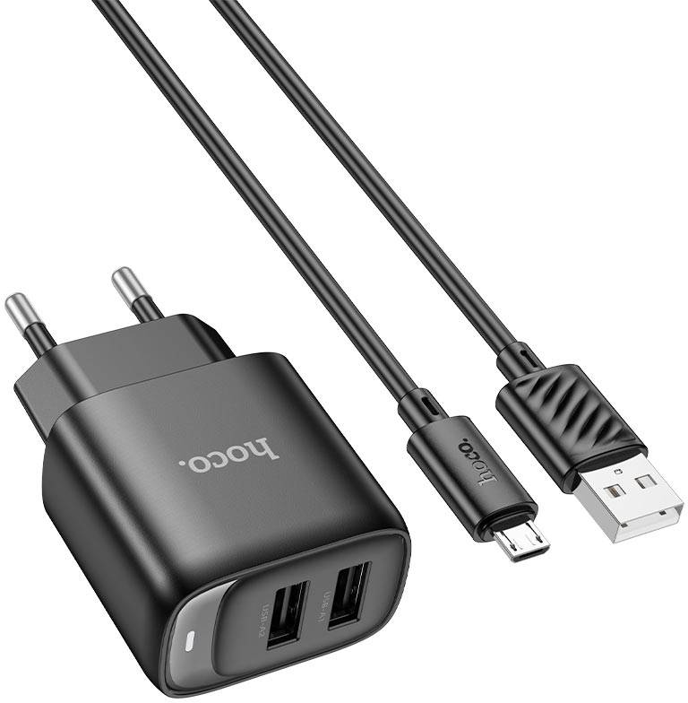 Мережевий зарядний пристрій HOCO C141A Smart dual-port charger set(iP) Black (6942007627863)
