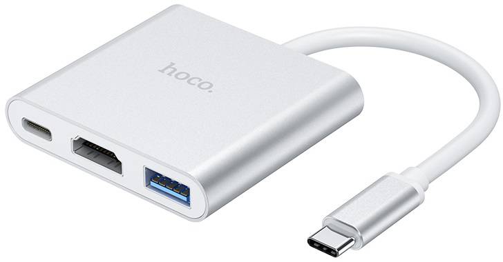 Хаб USB HOCO HB14 Easy use Type-C adapter Type-C to USB3.0+HDMI+PD Silver (6931474725790)
