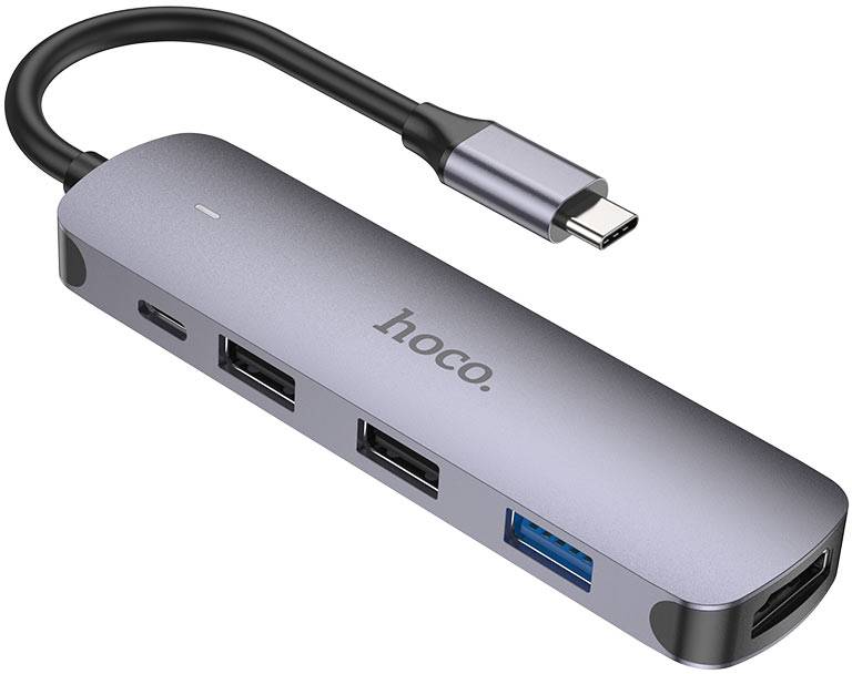 Хаб USB HOCO HB27 Type-C multi-function converter HDTV+USB3.0+USB2.0х2+PD Metal Gray (6931474769329)