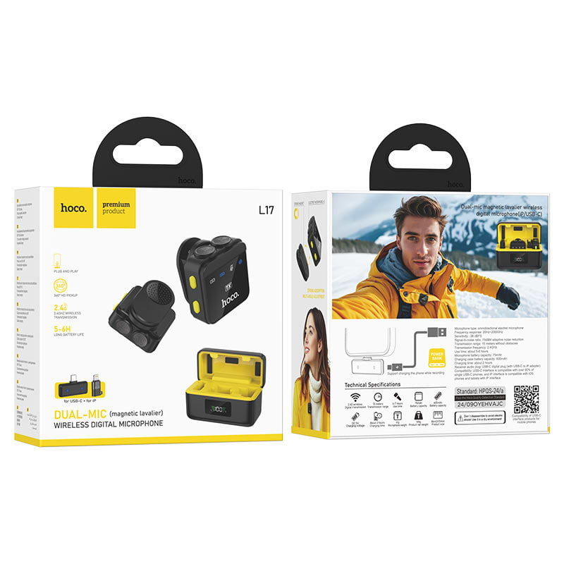 Фото - Микрофон для смартфона HOCO L17 Dual-mic iP/Type-C Black (6942007645997)