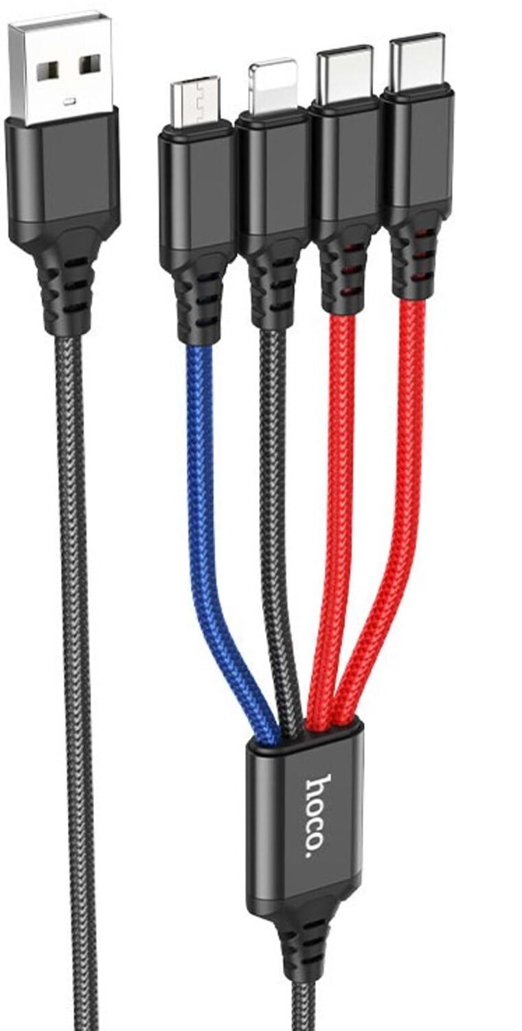 Кабель HOCO X76 USB to iP+Type-C+Type-C+Micro 2A, 1m Black+Red+Blue (6931474768650)