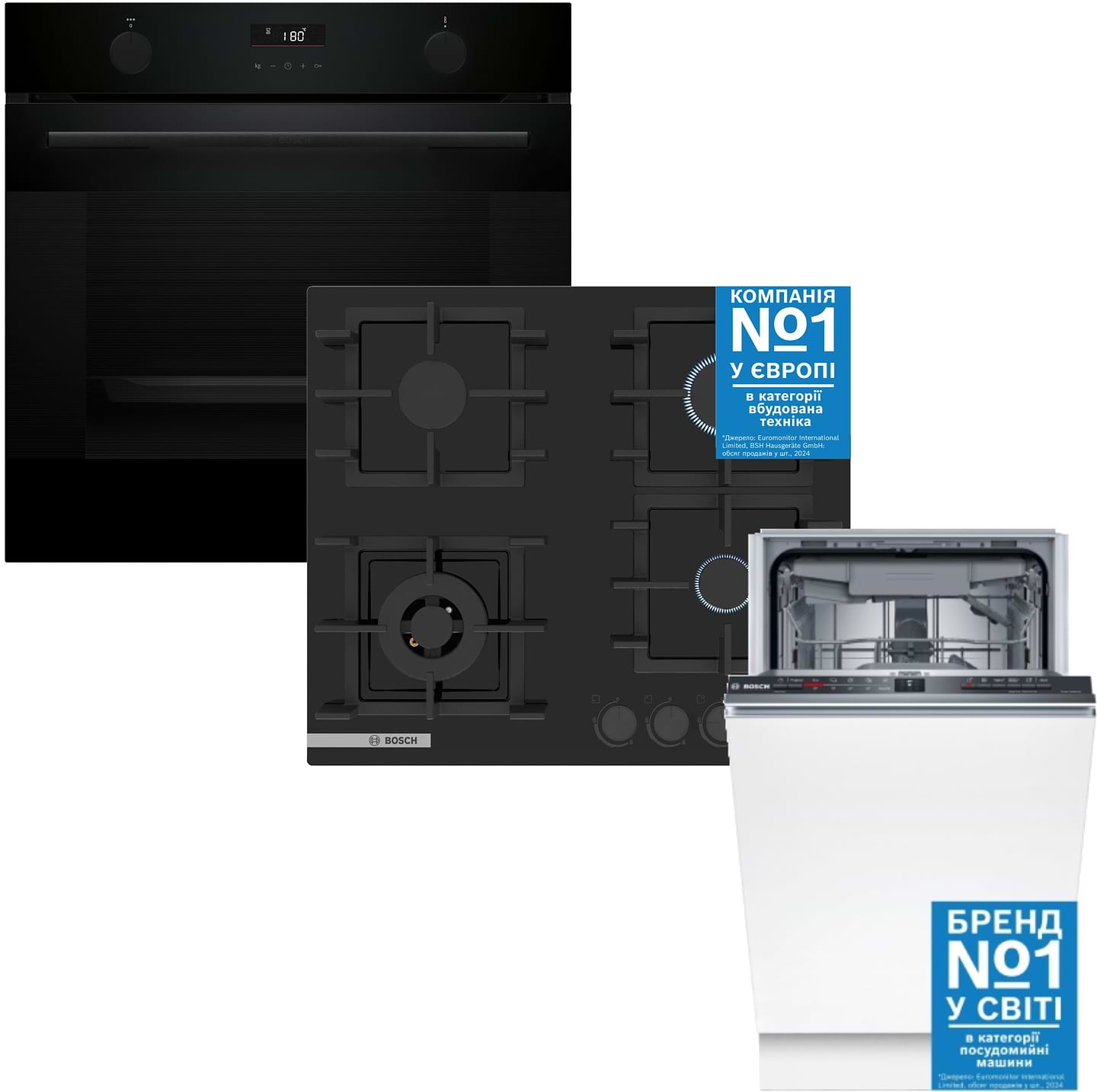 Комплект техники Bosch Духовой шкаф + Варочная панель + Посудомоечная машина встраиваемая Bosch HUA736EA0T + PNK6B6P40R + SPV2HMX03K