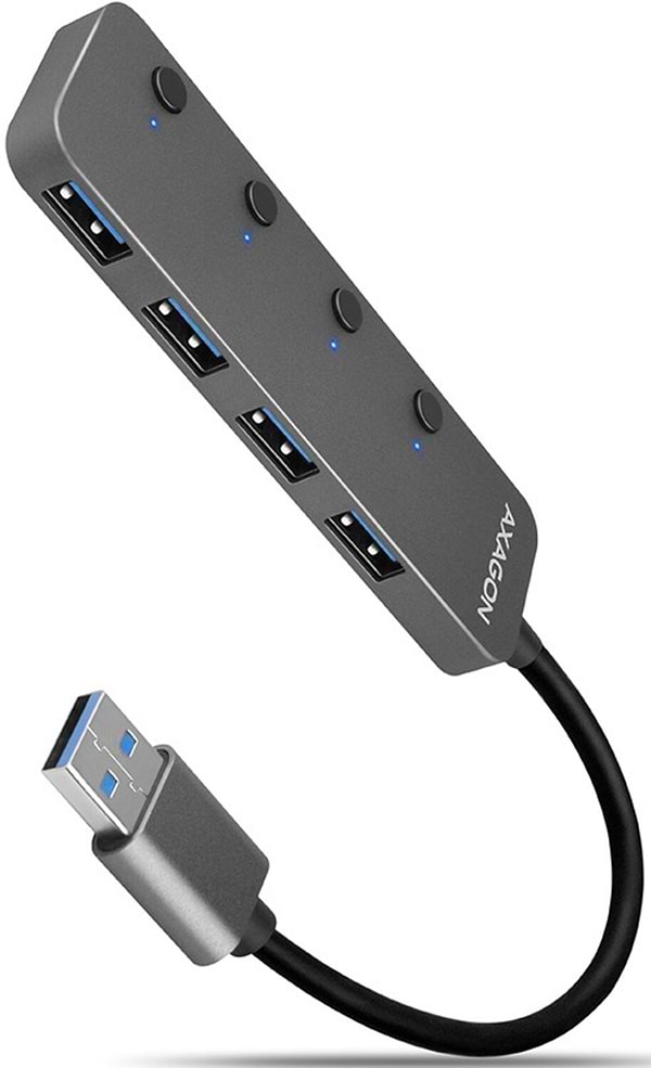 Фото - Хаб USB AXAGON SuperSpeed USB-A SWITCH CHARGING function, 20 см USB-A cable, Silver (HUE-MSA)
