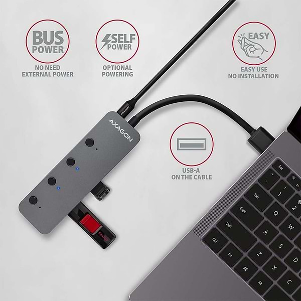 Фото - Хаб USB AXAGON SuperSpeed USB-A SWITCH CHARGING function, 20 см USB-A cable, Silver (HUE-MSA)