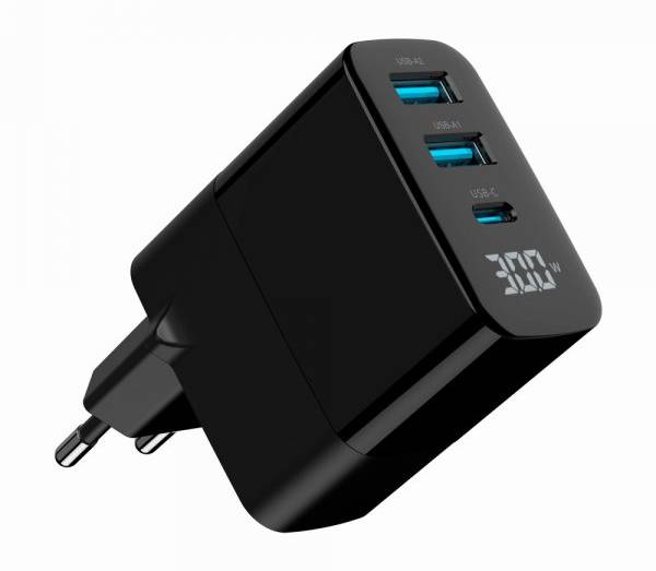 Фото - Мережевий зарядний пристрій Gembird 2хUSB-A (QC3.0 18W) + 1хType-C PD20W (TA-UC-PDQC30LCD-BK-02)