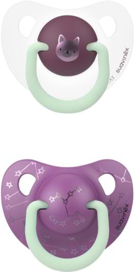 Анатомическая пустышка Suavinex набор 2 шт.6-18 месяцев, ночная, фиолетовый котенок (306805)