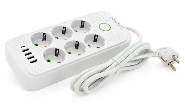 Фото - Сетевой фильтр Voltronic F06U 6 розеток EU + 4 USB + 1PD кнопка вкл. с индикаторои 2 м White