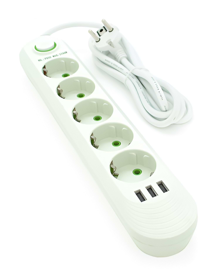 Сетевой фильтр Voltronic F05U 5 розеток EU + 3 USB, 1.5 м White