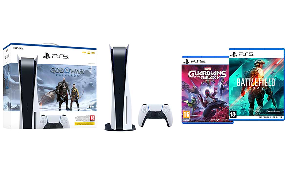 Фото - Игровая приставка PlayStation 5 + PS5 God of War Ragnarök (код) + PS5 Marvel's Guardians of the Galaxy + PS5 Battlefield 2042