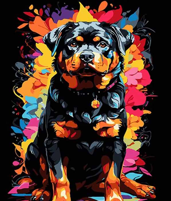 Картина за номерами Strateg Ротвейлер на фоні кольорових квітів 30х40 см (FH-10) - Фото 1