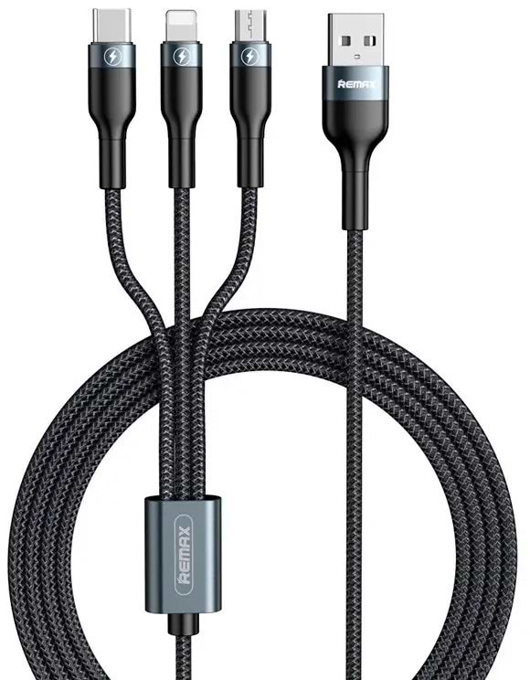 Фото - Кабель Remax RC-186th SPEED Combo 3-in-1 USB - Lightning + micro USB + USB Type-C (M/M), 2.1 A, 1.2 м, Black (2000700011052)