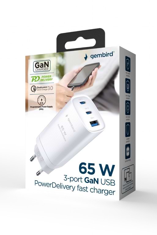 Фото - Мережевий зарядний пристрій Gembird USB-A+2 Type-C PD18W + QC3.0 27W (TA-UC-PDQC65-01-W)