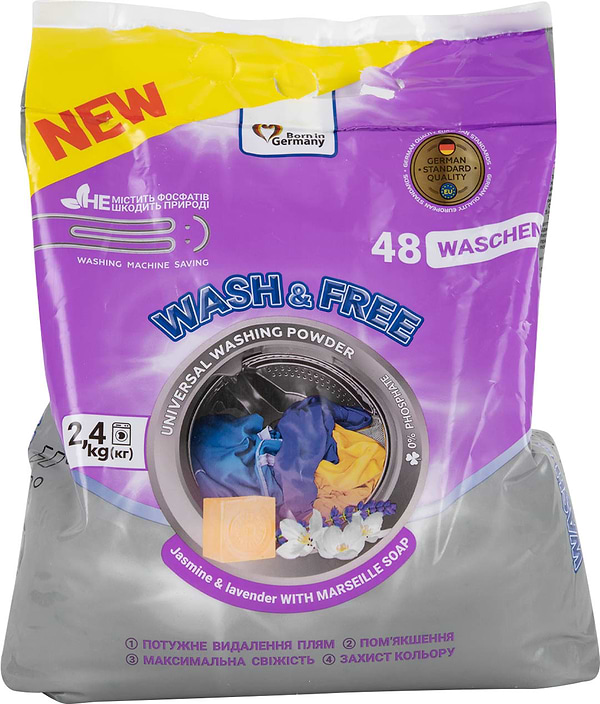 Фото - Стиральный порошок WASH & FREE Универсальный Жасмин и лаванда с марсельским мылом 2400г
