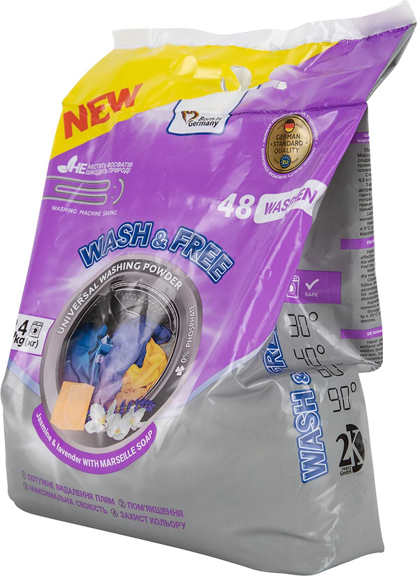 Фото - Стиральный порошок WASH & FREE Универсальный Жасмин и лаванда с марсельским мылом 2400г
