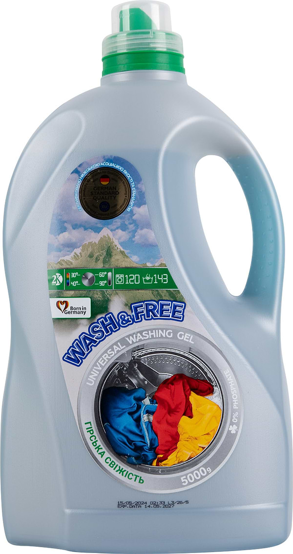 Фото - Гель для стирки WASH & FREE Универсальный Горная свежесть 5000г