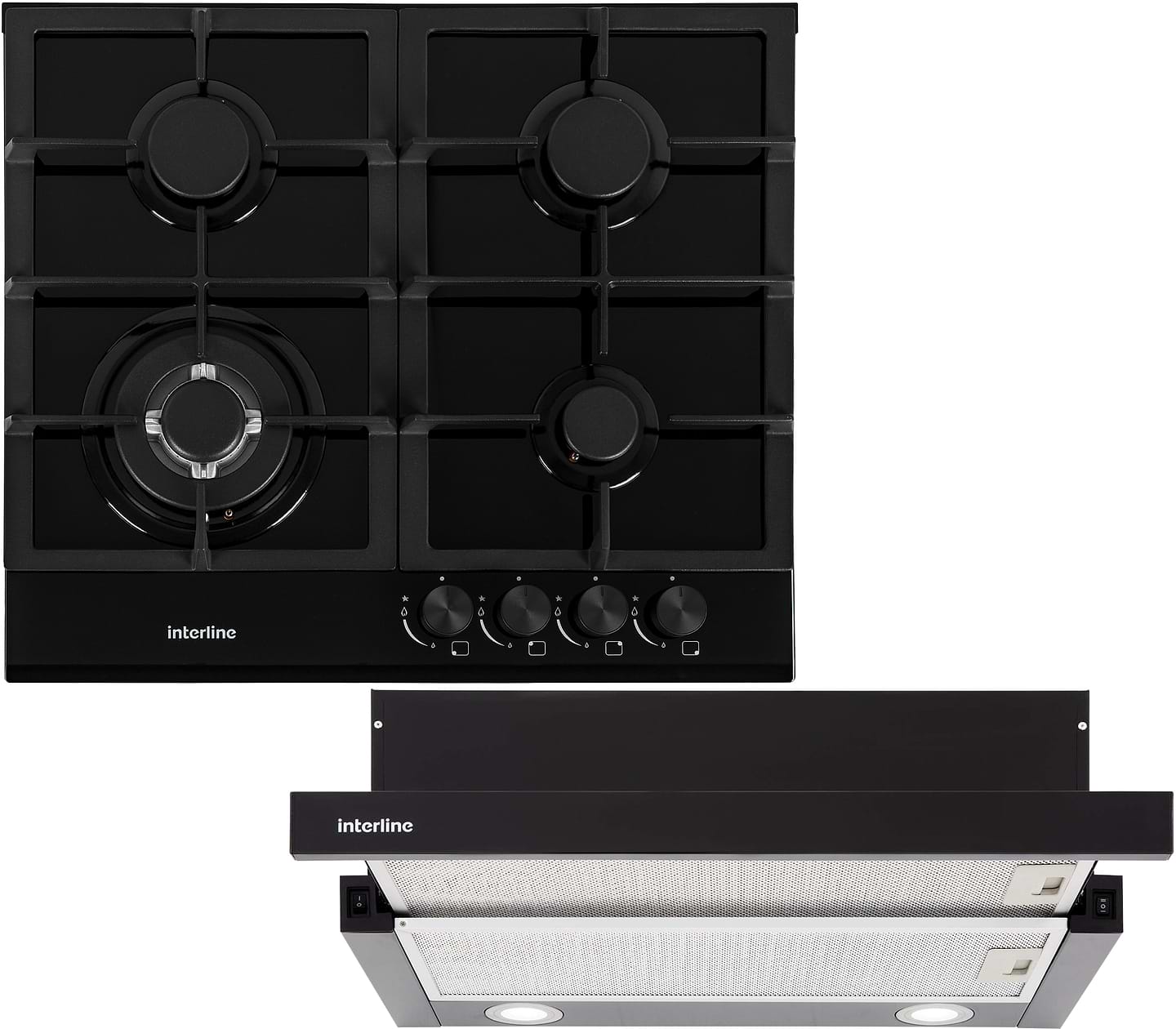 Купити Комплект техніки Interline Варильна поверхня + Витяжка вбудована Interline HGG 764 FGT BA + DELI BL A/60/2/T - Фото 1 Комплект техніки Interline Варильна поверхня + Витяжка вбудована Interline HGG 764 FGT BA + DELI BL A/60/2/T - Фото 1