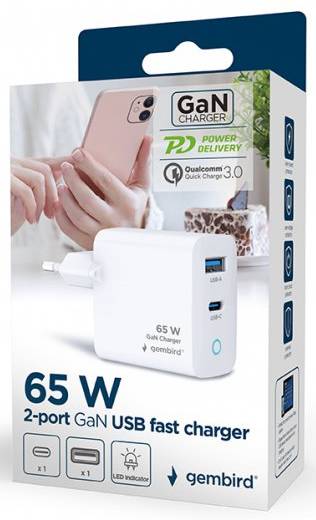 Фото - Мережевий зарядний пристрій Gembird 1хUSB-A (QC3.0 18W) + 1xType-C PD 65W (TA-UC-PDQC65L-W-01)