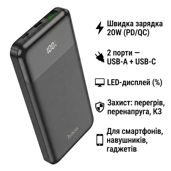 Фото - Батарея мобільна HOCO J102 Cool figure PD20W+QC3.0 10 000mAh Black (6931474783608)