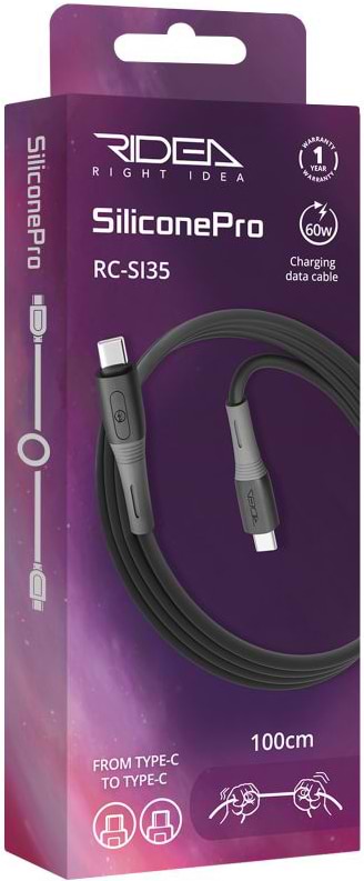 Фото - Кабель синхронізації даних Ridea SiliconePro Type-C to Type-C 60W Black (RC-SI35) Фото - Кабель синхронізації даних Ridea SiliconePro Type-C to Type-C 60W Black (RC-SI35)