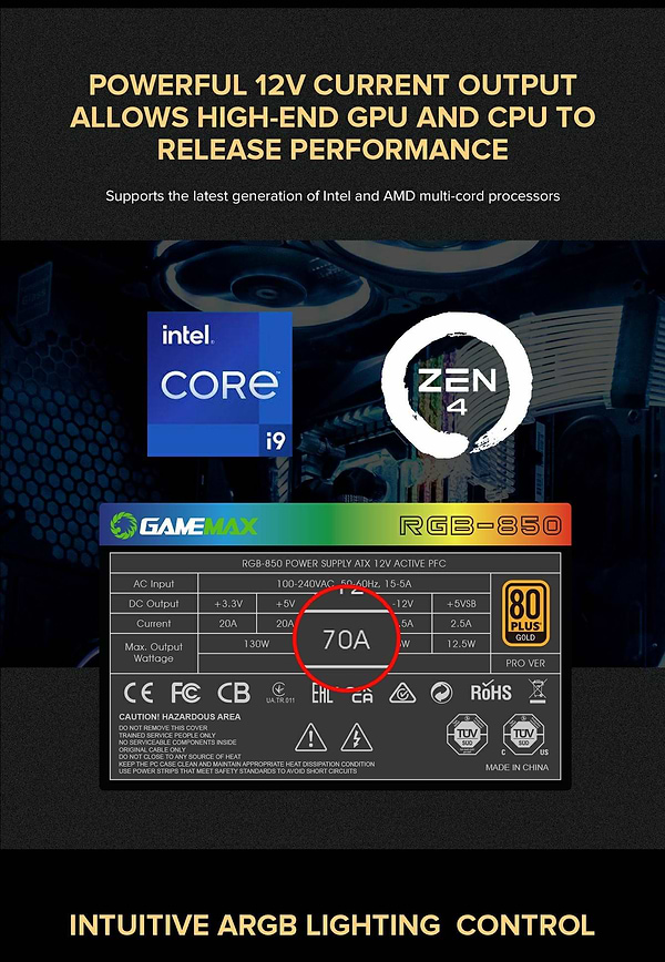 Фото - Блок живлення для ПК Gamemax ATX 850W 80 Gold (RGB850 PRO)