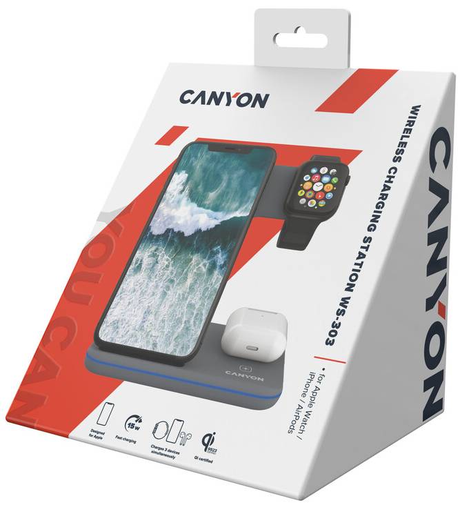 Фото - Бездротовий зарядний пристрій Canyon WS-303 3 в 1 QI Dark Grey (CNS-WCS303DG)