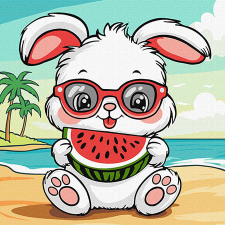 Картина по номерам Ideyka Лето. Зайка с арбузом 25х25 см (KHO1257)