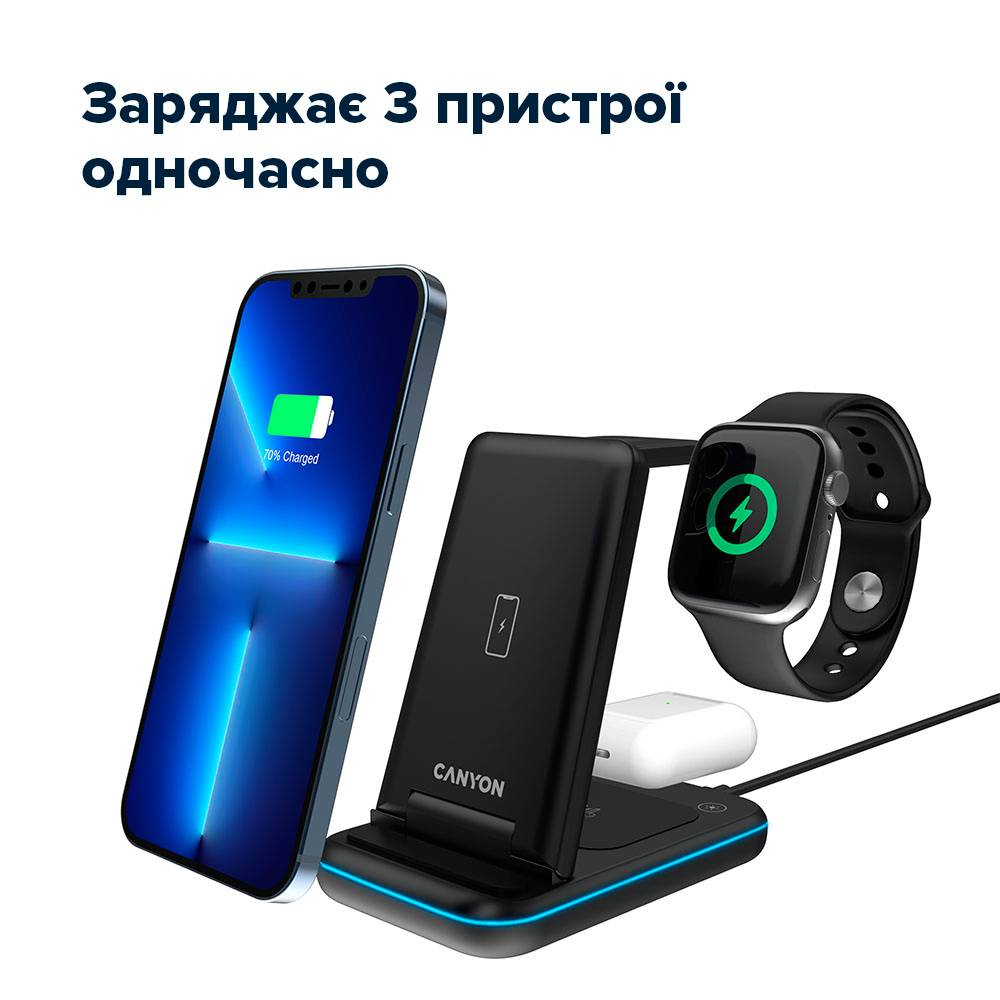 Фото - Бездротовий зарядний пристрій Canyon WS-304 3 в 1 QI Black (CNS-WCS304B)