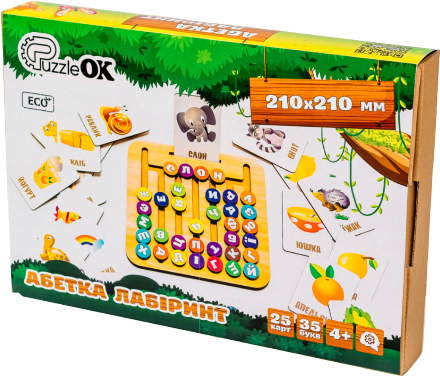 Настільна гра карткова (до 2 років) PuzzleOk Дерев'яна настільна гра монтессорі "Абетка Лабіринт" (Puz-72859) - Фото 1
