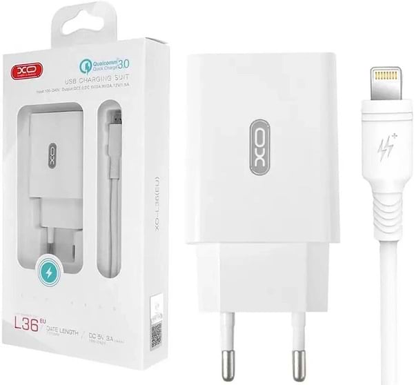 Фото - Сетевое зарядное устройство XO QC 3.0 18W/1USB + lightning White (L36-L-WH)