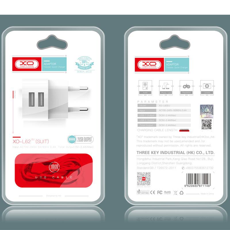 Фото - Сетевое зарядное устройство XO 2.4A/2USB + microUSB White (L62-M-WH)