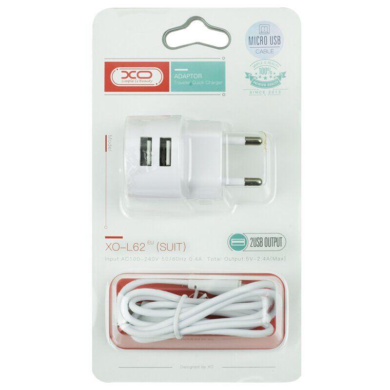 Фото - Сетевое зарядное устройство XO 2.4A/2USB + microUSB White (L62-M-WH)
