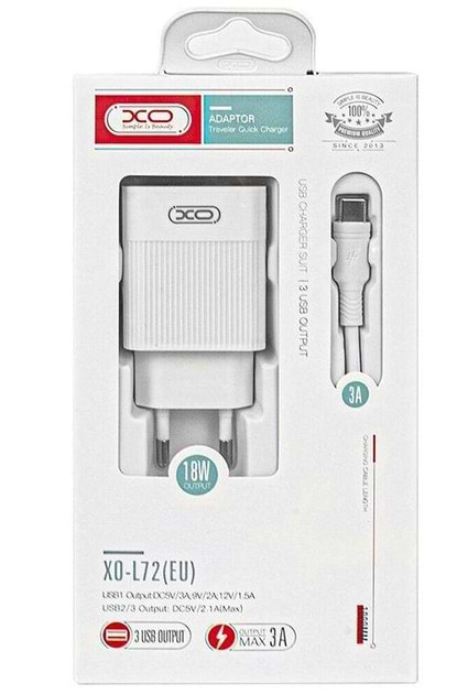 Фото - Мережевий зарядний пристрій XO QC 3.0 30W (18W/1USB + 2.4A/2 USB) + Type C White (L72-TC-WH)